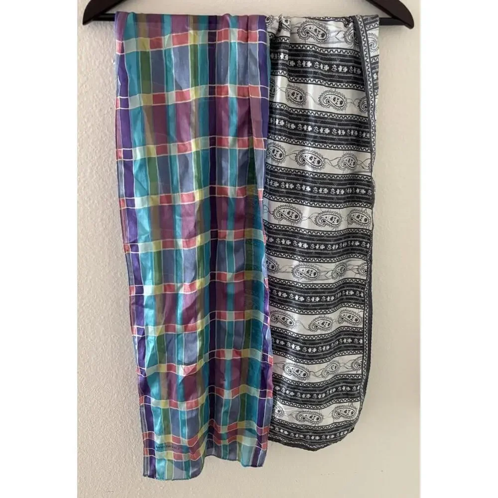 2 Silk Scarves Liz Claiborne Plaid & Paisley Gray White 58x9 & 26x11